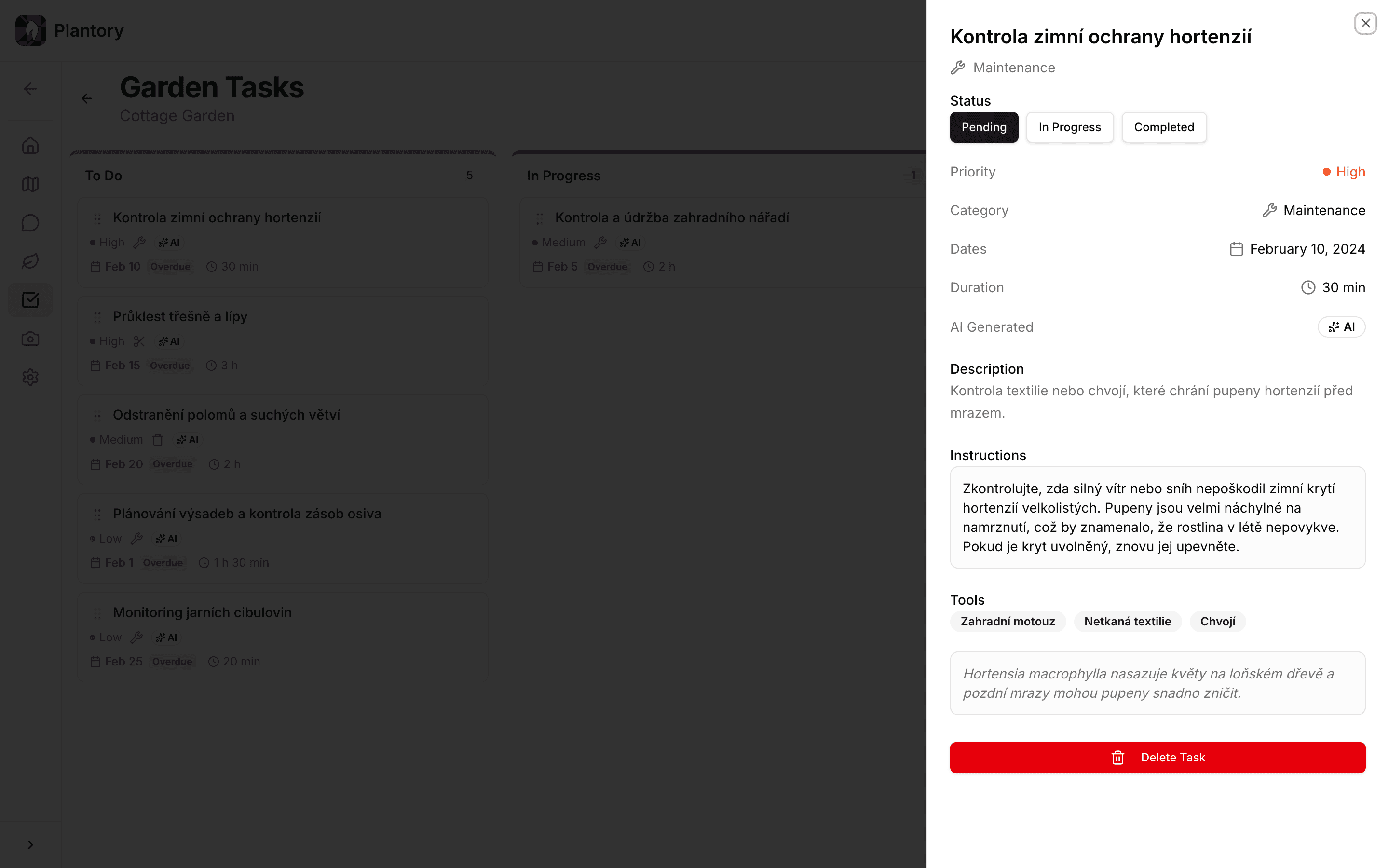 Detail úkolu zobrazující popis a metadata